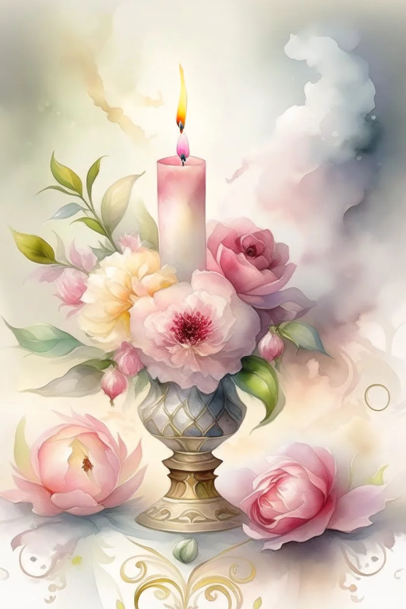 MAGIC A PYRAMID CANDLE IS BURNING AROUND WONDERFUL FLOWERS English watercolor, Smoky cream, pale gray, pale pink, pink background. bright light, a bouquet of roses on the table are pale pink, pale bordeaux, white, ochre. green stems, the light is translucent. Watercolor, fine ink drawing, peonies in an hourglass, elegant gold inlay, rich interior