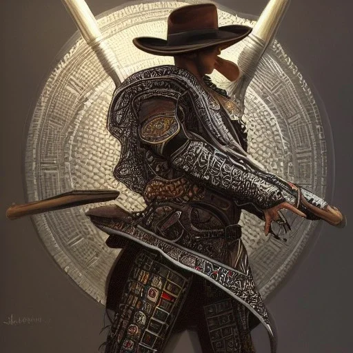 portrait,"Insanely detailed photograph of an armored mariachi warrior", intricate chainmail charo, largecolorful Sombrero,elegant cape, highly detailed D20, digital painting, artstation, concept art, smooth, sharp focus, illustration, art by artgerm and greg rutkowski and alphonse mucha, 8 k