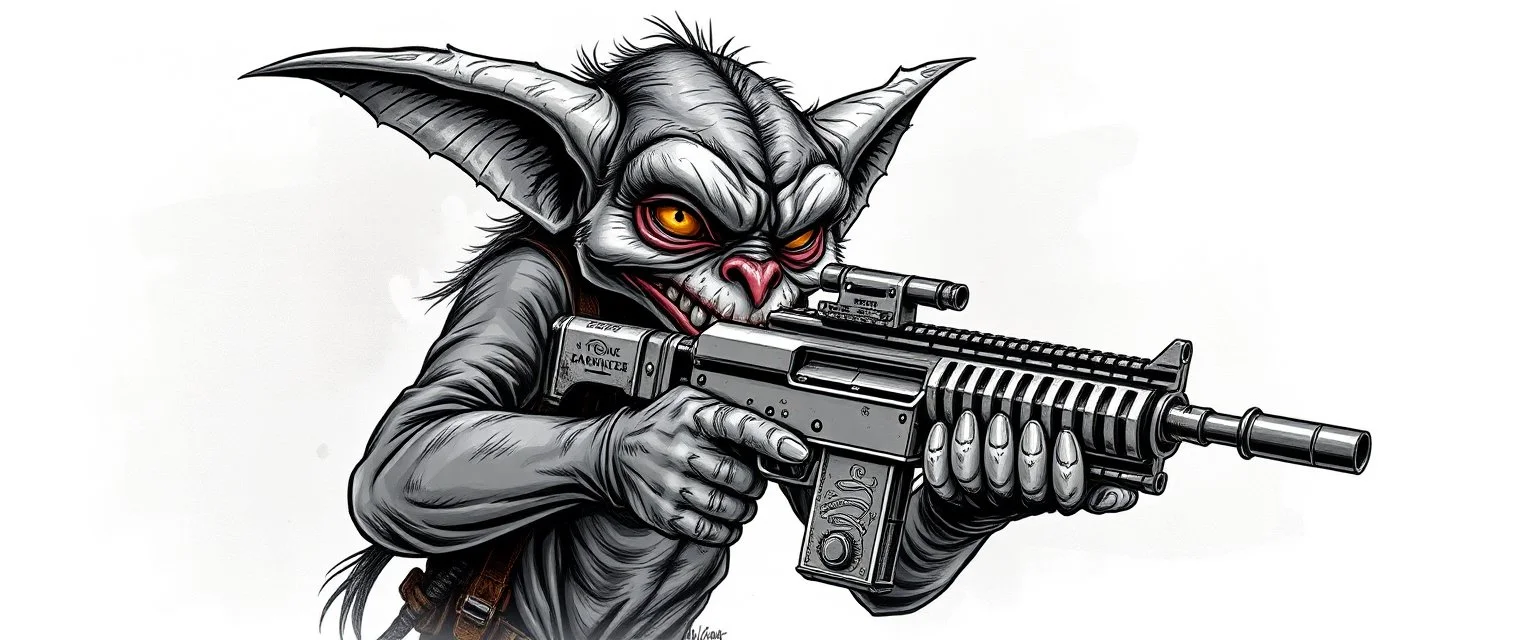 air brush 3d with pen outline, mongrel goblin gremlin holding uzi, charcoal border