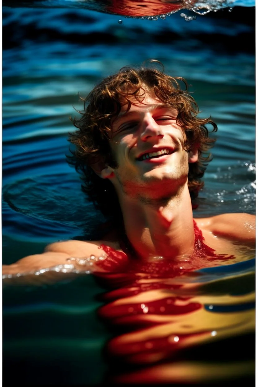 Photograph of a happy young teen male floating in water by Annie Leibovitz, relaxing, eyes closed, dark curly hair, full lips, aesthetic physique, cute face, shirtless torso, pale skin tone, flawless skin, smooth skin, thick curly hair, koi fish in water, full body, low camera angle, red swimming trunks, calm clear water, dreamy atmosphere, high resolution, vivid colours