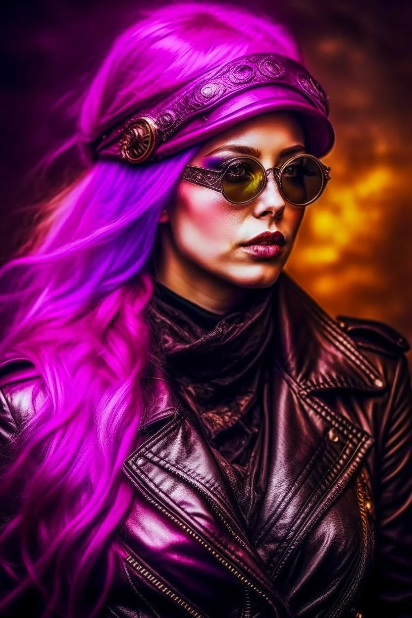 Ultra realistic photo of a steampunk woman ,, wearing leather jacket, long purple and pink hair, , 8k, highest quality,