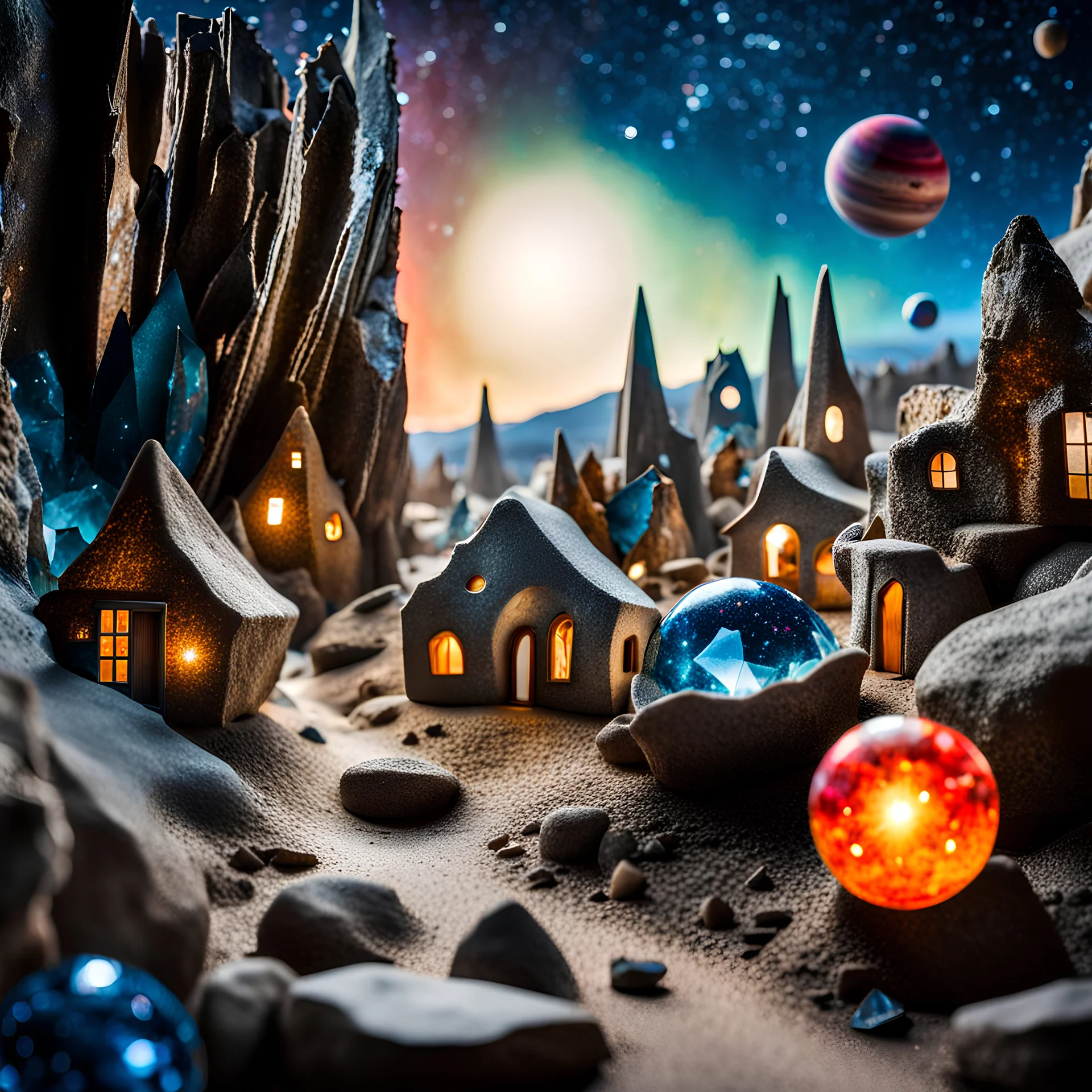 Close-up photograph of a village, naïve, people, houses, rock formations, stars and planets, animals, crystals, mineral concretions, extreme detail, intricate, volumetric light, colours, Tim Burton, Max Ernst, Yves Tanguy, sparkles, bokeh