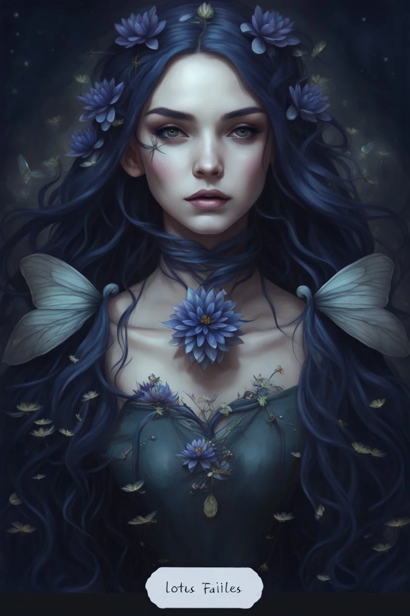 Dark blue hair, Water lilies long hair lotus night Fairy princess rapunzel hair queen crown dragonflies fireflies elven tiara flowers fairy wings gothic dark blue