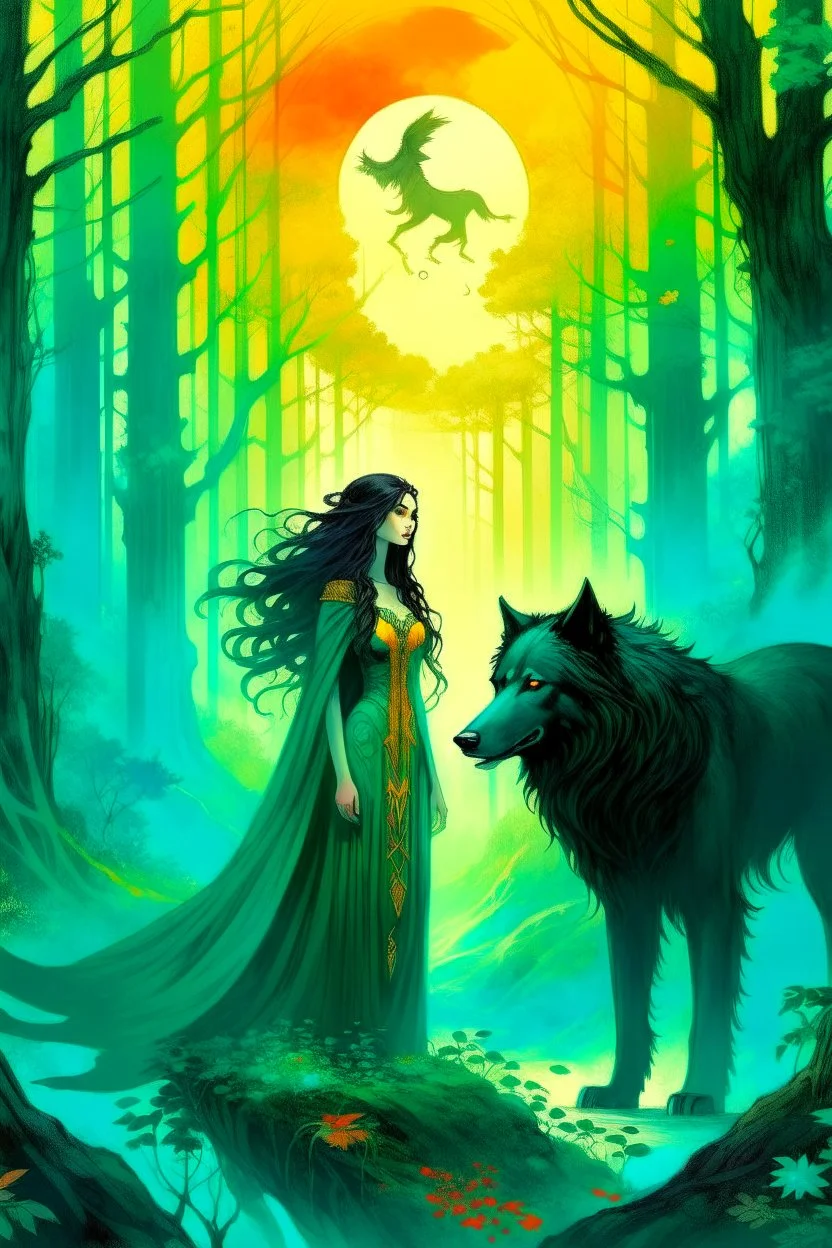 book cover, In the heart of a dense and enigmatic forest with towering ancient trees cloaked in emerald, yellow and amber foliage stood a bewitching sorceress possessing an ethereal allure her lustrous hair cascading in ebony waves down to her slender waist In the background a majestic canine of Belgian shepherd lineage roamed its eyes illuminated by an otherworldly crimson glow exuding an aura both mysterious and demonic