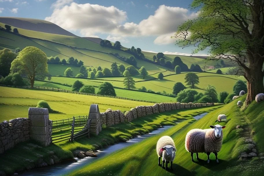 beautiful rolling hills and fields, with stone fences, small stream and sheep, of the Bakewell in England. Gorgeous lush green grass and trees.