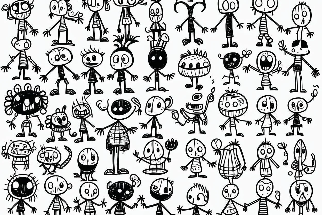 make a bunch of simple hand-drawn spooky and cute cartoon characters with bodies arms, and legs I could draw and make them all different