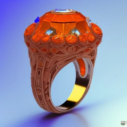 Ring made by wood roots and shreds of glass, orange diamonds sparkles, red rubi fragments around, blue lights reflexes, complex structure, gold details, intricate ring pattern, product studio shot, very detailed, dramatic light, studio light, 3/4 shot, octane render, 8k, 60° shot, humming bird, fantasy art, Unreal Engine 5, lens macro,sharp focus, realistic, hyper detailed, studio lighting, neon light ambient,