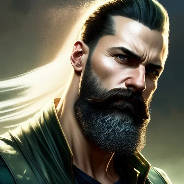 "MIddle aged white human male, with a trimmed but uneven beard, piercing green eyes with slick back hair,complete head and shoulders portrait, 8k resolution concept art portrait by Greg Rutkowski, Artgerm, WLOP, Alphonse Mucha dynamic lighting hyperdetailed intricately detailed Splash art trending on Artstation triadic colors Unreal Engine 5 volumetric lighting Splash art fantasy"