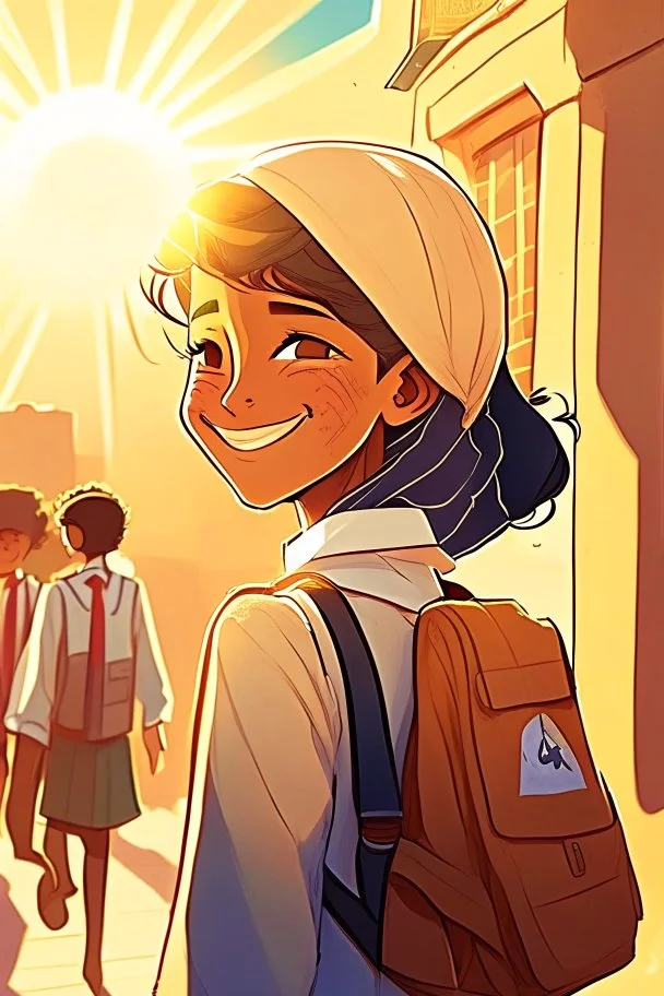 School student, school uniform, Omani, smiling slightly, from behind, school, students, morning, sun,cartoon