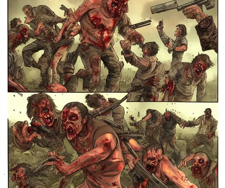 Zombie horde, explosions, earthquake, brown, red, guns, bullets, mutants