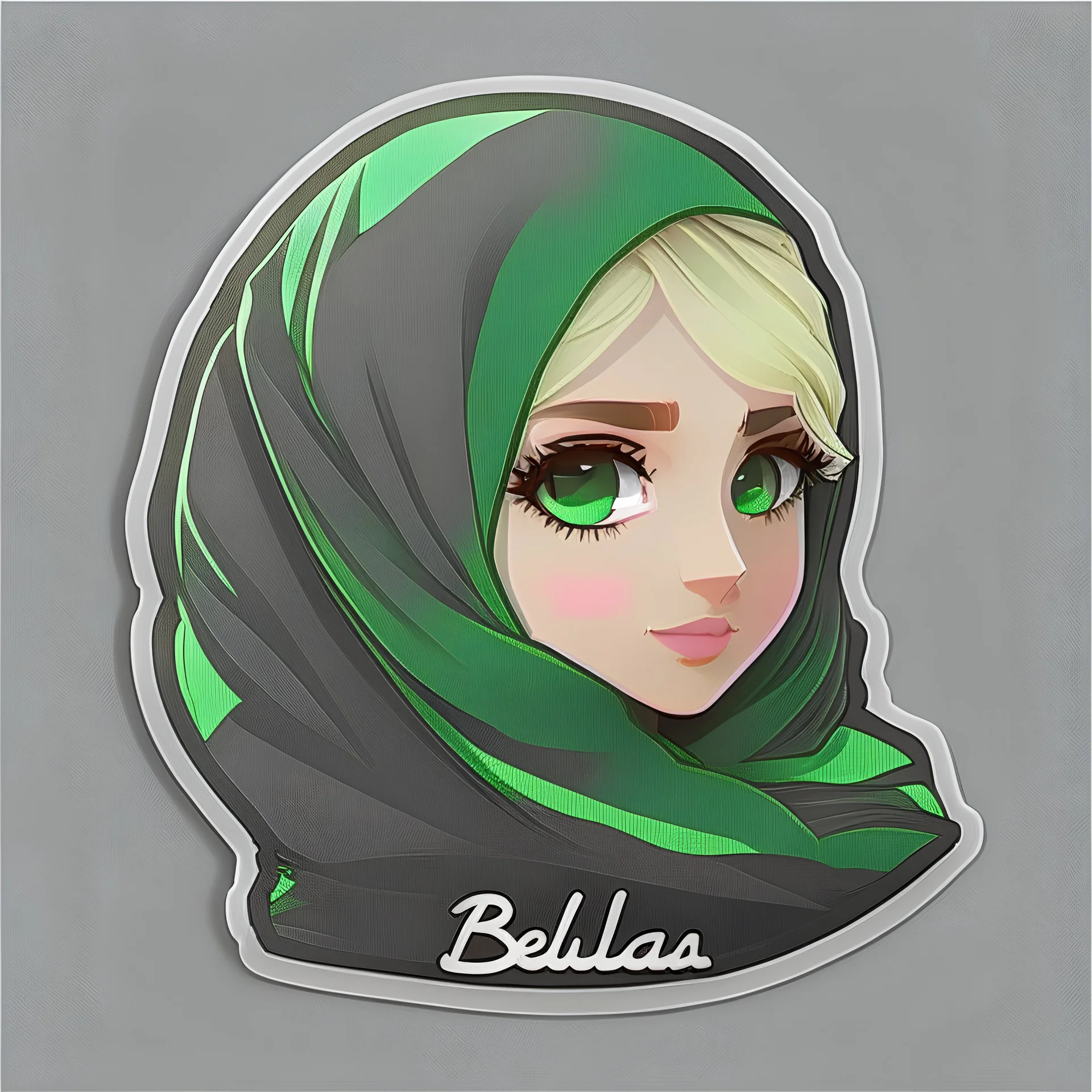 Blonde girl, wearing hijab a black veil, green eyes, bright face. Next to the profile of the name Bella is cute. Make it a sticker.color flat