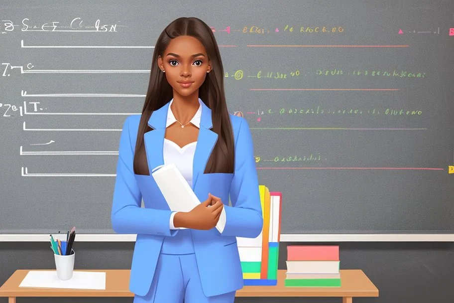 A pretty brown-haired, light-skinned woman in an elegant blue suit stands in a classroom in front of a blackboard with various charts and diagrams, in the sunlight