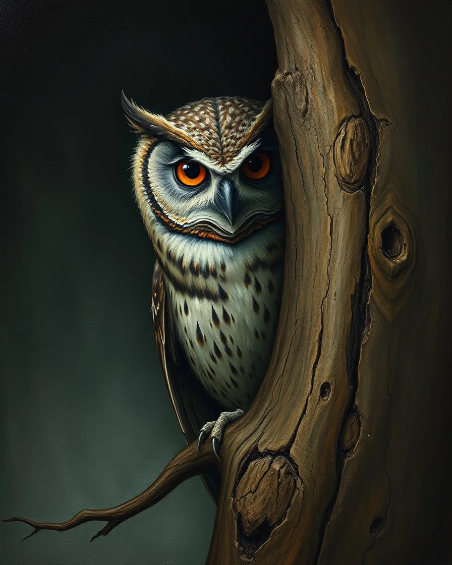Bosch painting style, nightmare , a shy strange owl hiding behind a tree , showing half of his body and face from behind the tree