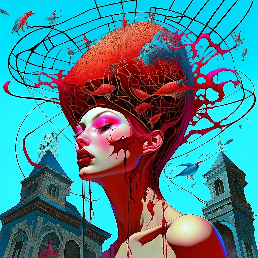 Tired, punched, and numbered, "Off with her head," said the king of lightning, neo surrealism, by Igor Morski, by Gerald Scarfe, hypersurreal fantastical detailed 3D matte painting, deep color, intricate detail, splash screen, complementary colors, nightmare concept art, trending on DeviantArt