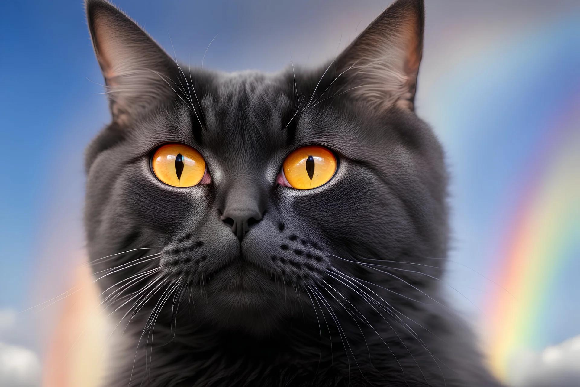 grey cat with all blackgrey short fur, orange eyes, big rainbow in blue sky