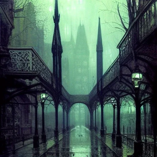 Trees on walkway, Gothic bridges between building,Bridges on rooftops, Gotham city,Neogothic architecture, by Jeremy mann, point perspective,intricate detailed, strong lines, John atkinson Grimshaw,pipes, chimneys