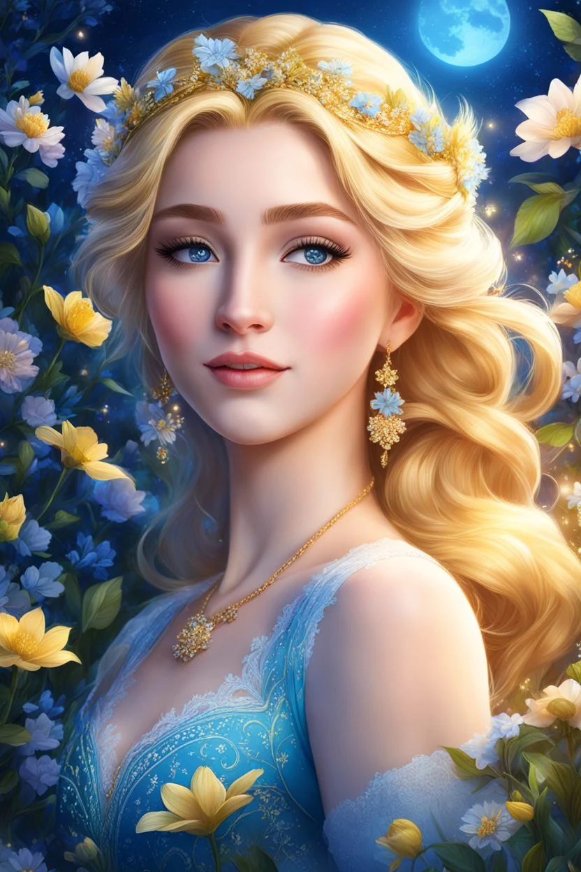 Fair Elsa, with her golden hair and elegant presence, resided amidst the spring flowers under the blue night, renewing dreams and beauty. highly detailed, digital art, beautiful detailed digital art, colorful, high quality, 4k