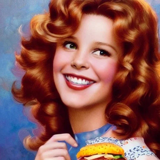 Young Robyn Lively with a beautiful and highly detailed face holding a lisa frank mcdonalds hamburger, modern American; by Daniel Gerhartz, phil noto, sienkiewicz, mucha, jim lee, manara; hyper-detailed, hyper-realistic, sharp focus; symmetrical face; textured shading, subtractive lighting, Unreal Engine, sharp focus