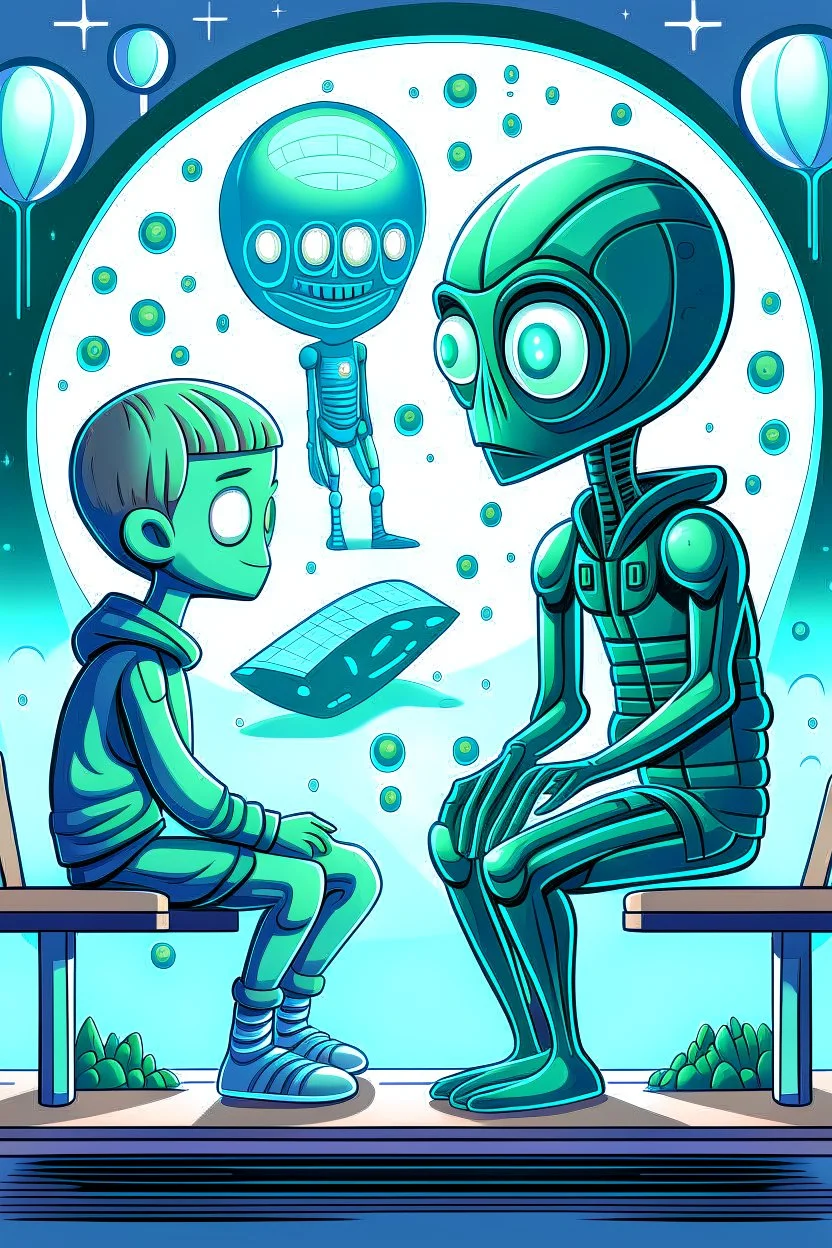 alien and a boy sitting on a bench. alien isshowing boy with his alien hand the universe that boy never saw with his human eyes. there are geometric stuff all around and some planet stuff. boy and alien are friends.