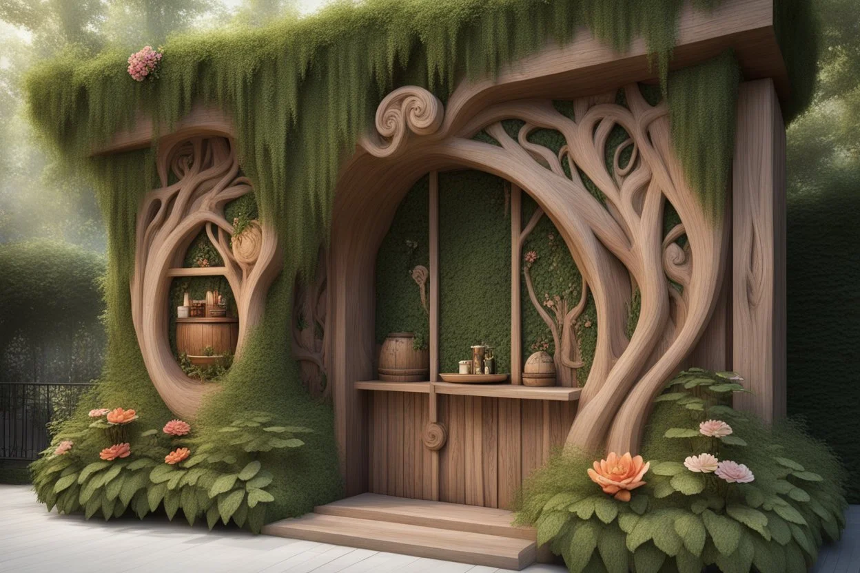 Декор и оформление: На фасаде можно разместить резные деревянные панели с изображениями сказочных персонажей: Бабы Яги, Лешего, Русалок и других. Используйте элементы флоры: плетёные лозы, деревянные бочки с цветами, кусты и деревья, чтобы создать ощущение, что кафе находится в самом центре леса. Ландшафтный дизайн: Вокруг кафе можно создать сказочный сад с аллеями, выложенными камнями, и фонтанами, где будут плавать уточки. Добавьте скамейки и столики из натурального дерева, окружённые цветам