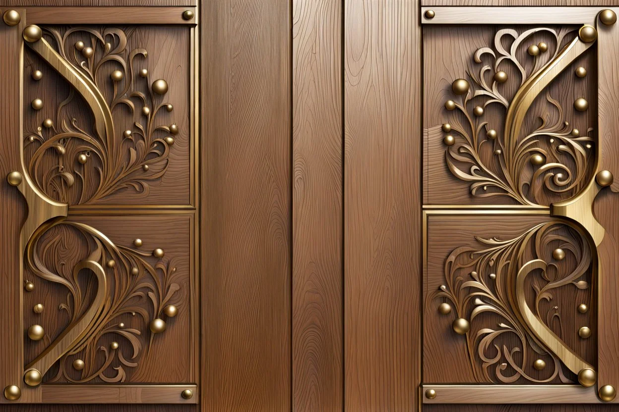 wood panel background with decorative brass elements in each corner