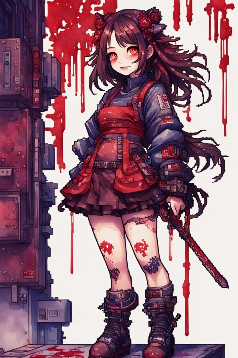 anormal, smile, blood, girl cute, full body, beautiful cyberpunk petit girl, hyperdetailed, behind made 8bits and Pixel Art, watercolor illustration by <Katsushika Hokusai>, darkred tones,