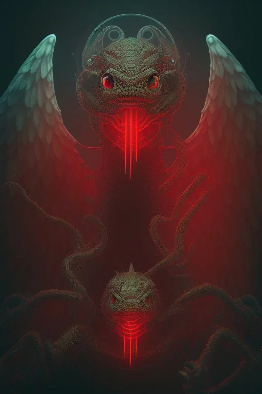 Reptile angel, shiny red eyes, scary, barf art, highly detailed pixel art, scifi, retro, neon fluorescent aura, extreme attention to details, exaggerated, strange