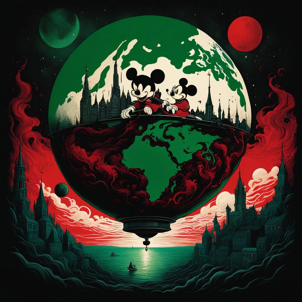 color Ink illustration by Phillipe Druilett, heavily inspired by the unsettling symbolism of Virgil Finday and Alexander Jansson, mickey mouse looming over the globe, red and dark_green and black color scheme dominating the artwork, grim narrative, smooth illustration, chilling Eldritch motifs, UV reactive color slashes, textured surface, ominous representation, unsettling.