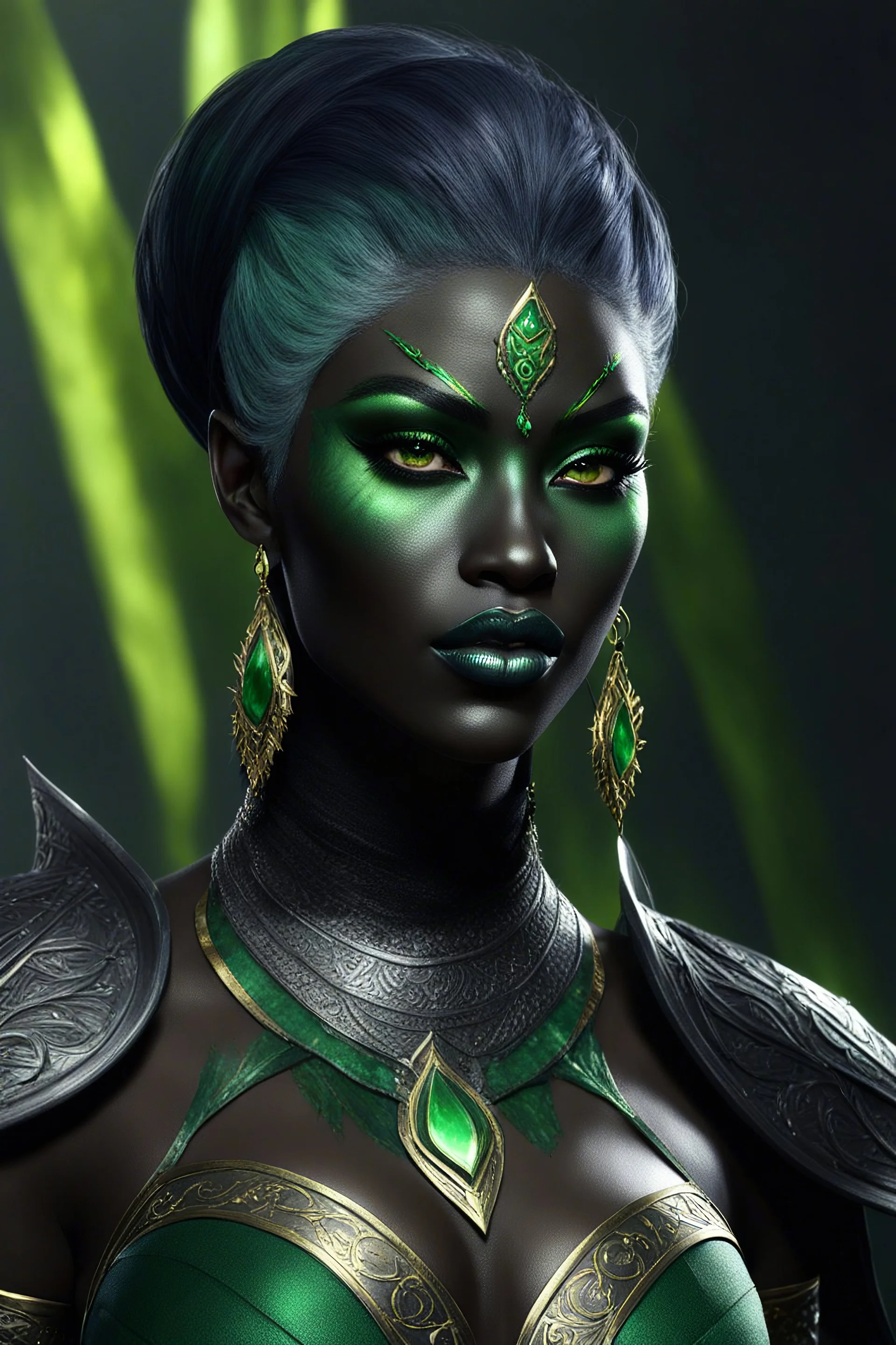 dnd character art of a dark black drow sorceress. high resolution cgi, 4k, pointed ears, dark-charcoal-black skin, short dark green hair, golden tattoos, green accessories, green irises, black sclera, long golden eyebrows, unreal engine 6, high detail, cinematic.