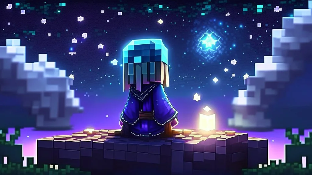 Minecraft Character, minecraft theme, purple starry sky, meditating, aesthetic, facing back, wearing gown, chinese theme, video game style