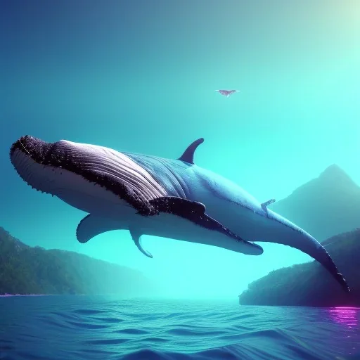 Beautiful dream whale and butterfly unreal 5, octane render, cinema4d, redshift render, hyper realistic, cenematic, vibrancy, synthwave, retouch, centered, dynamic lighting, dramatic lighting, 4k, highly detailed, attractive beautiful, realistic, virtual reality, epic composition, holographic,