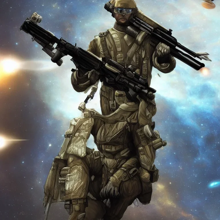 A man with a beautiful and large military rifle in the galactic space