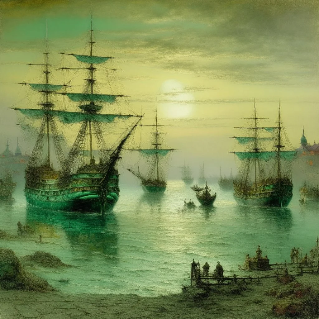 A bluish teal bay with pirate ships painted by John Atkinson Grimshaw