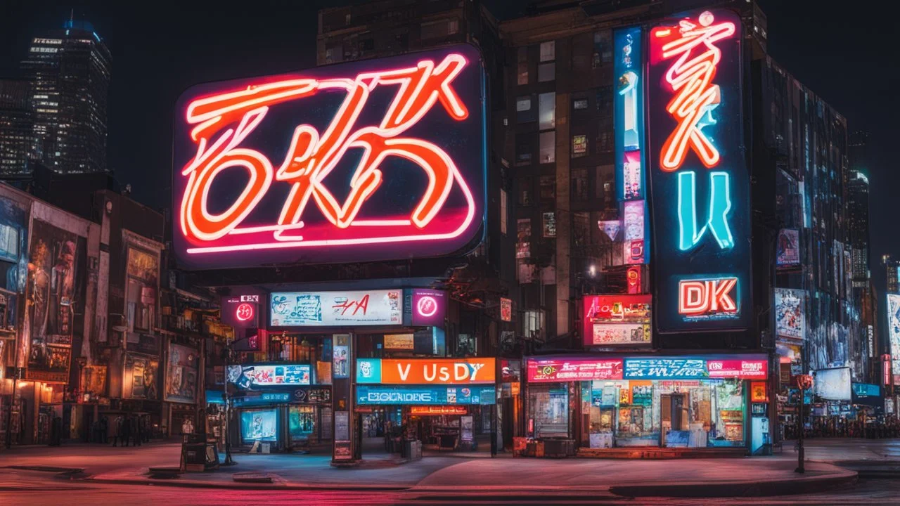 a billboard branded writing Odk Tokusentai , with neon light, in the city center, at night . in Montréal