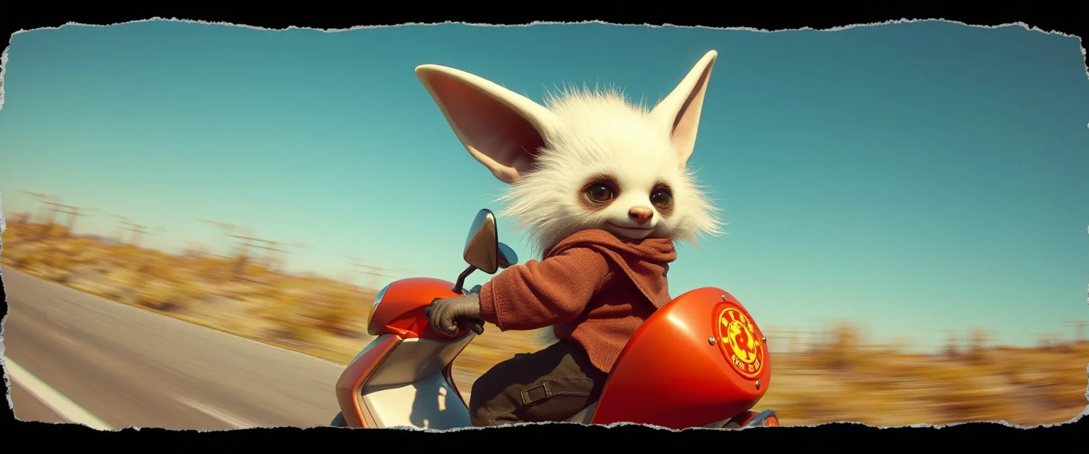 3d airbrush render, white fluffy gnome native panda elf alien dodo on insane fast scooter, pinhole cam, airbrush 3d rendering, in the style of Titian and Dali , torn edges on border