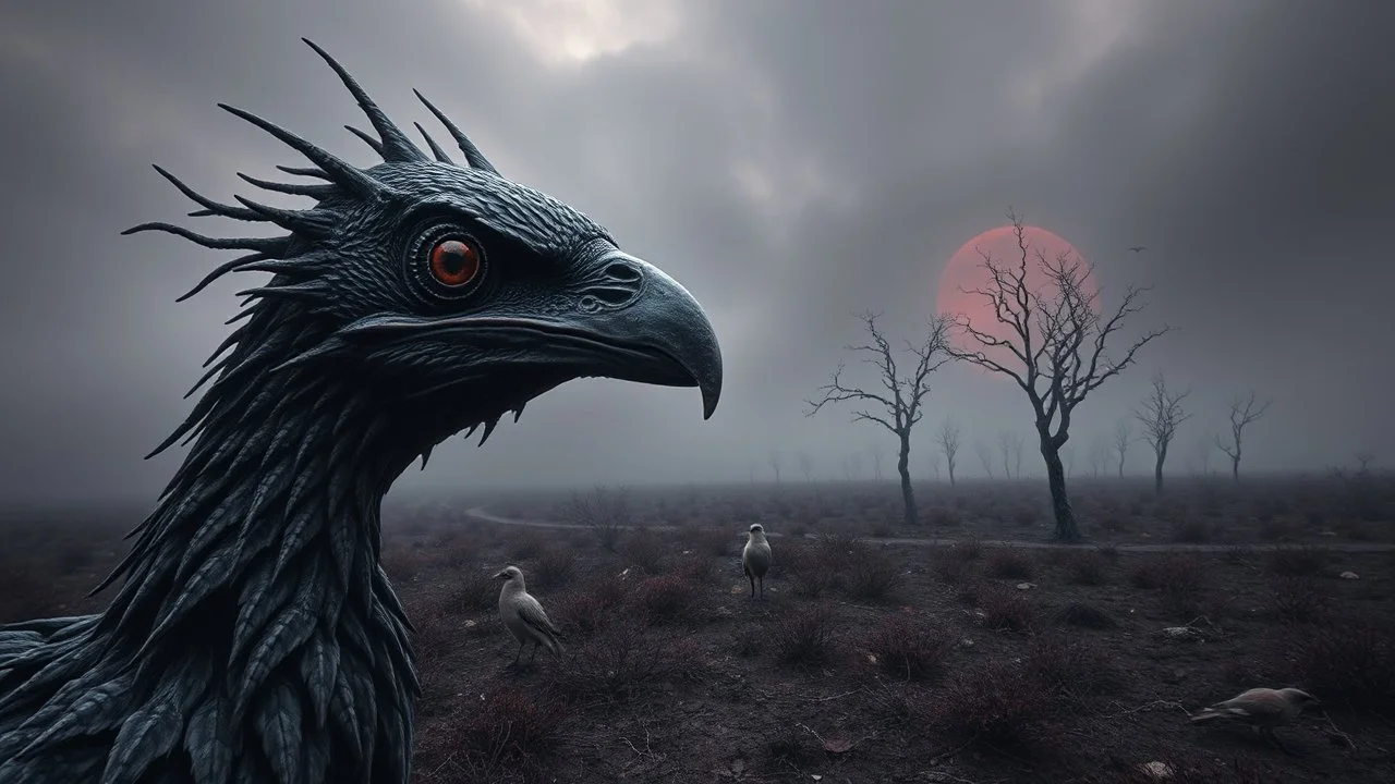 close up weird crepy bird head, and far away Birds and trees in alternative surreal barren, dry, gloomy world, nightmare in abyss, deep vortex, black, gray, purple, brown, silver, dark red colors, surreal, weird dark fantasy, deep dark colors, sharp lines, crepy stunning, high detalied, weird, fog, shadows, realistic, surreal, highly detailed, melancholic thriller mood