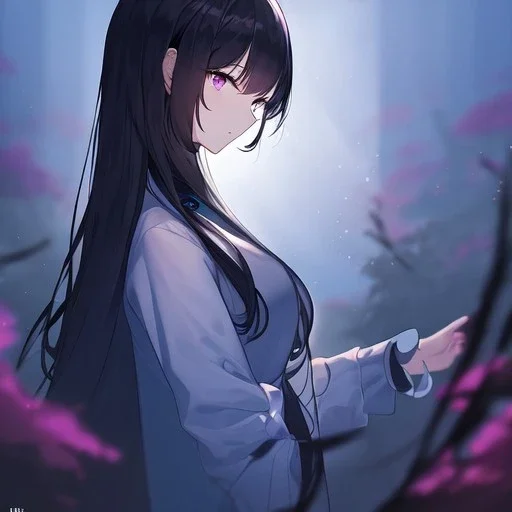 Clear focus,High resolution, Black long fluffy hair, long bangs, and purple eyes, Depressed girl