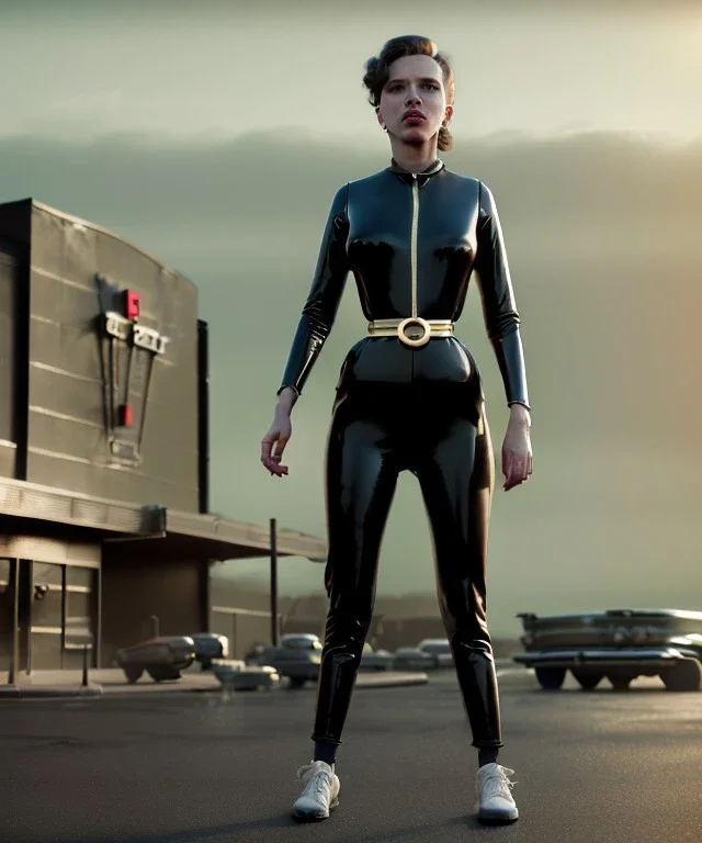 retro sci-fi portrait image from 1960, supermarket parking explosion, young Scarlett Johansson, classic black tight lycra latex suit, gold bracelet and belt, long hair, soft color, highly detailed, unreal engine 5, ray tracing, RTX, lumen lighting, ultra detail, volumetric lighting, 3d, finely drawn, high definition, high resolution.