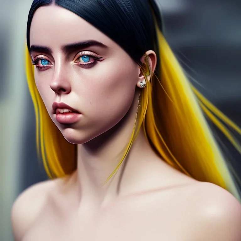 Billie Eilish, full body, on the bed, in my underwear, pale skin, high detail, realistic, 8k, not to be distinguished from a photo, identical pupils