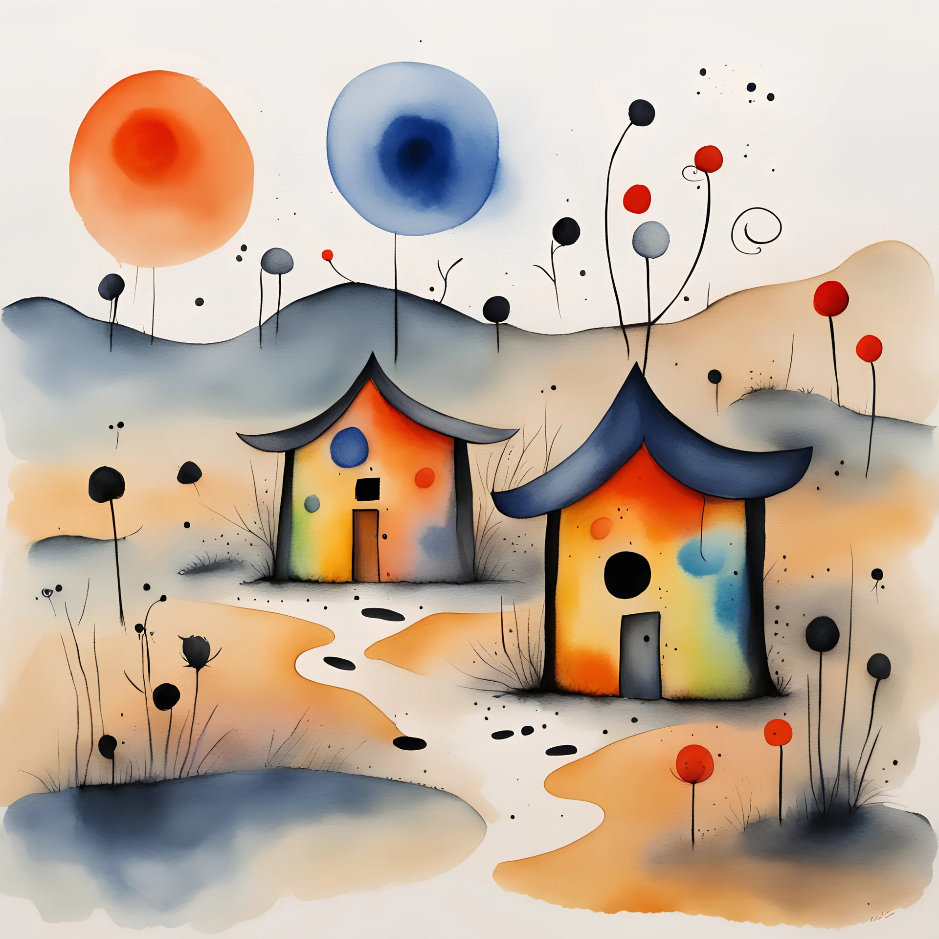 Draw me a Australian huts watercolour in the style of **Joan Miro- Surrealism/Abstract Art:** - Miro's whimsical and poetic *Peaceful Harmony Color Palette:** - soft