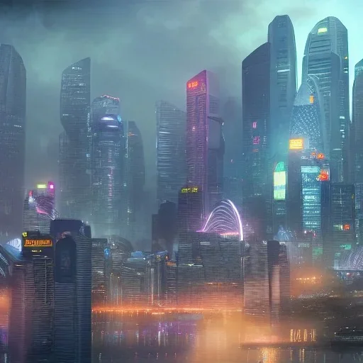 Singapore's iconic skyline in cyberpunk, 8k resolution concept art portrait by Greg Rutkowski, Artgerm, WLOP, Alphonse Mucha dynamic lighting hyperdetailed intricately detailed Splash art trending on Artstation triadic colors Unreal Engine 5 volumetric lighting, mappa studios