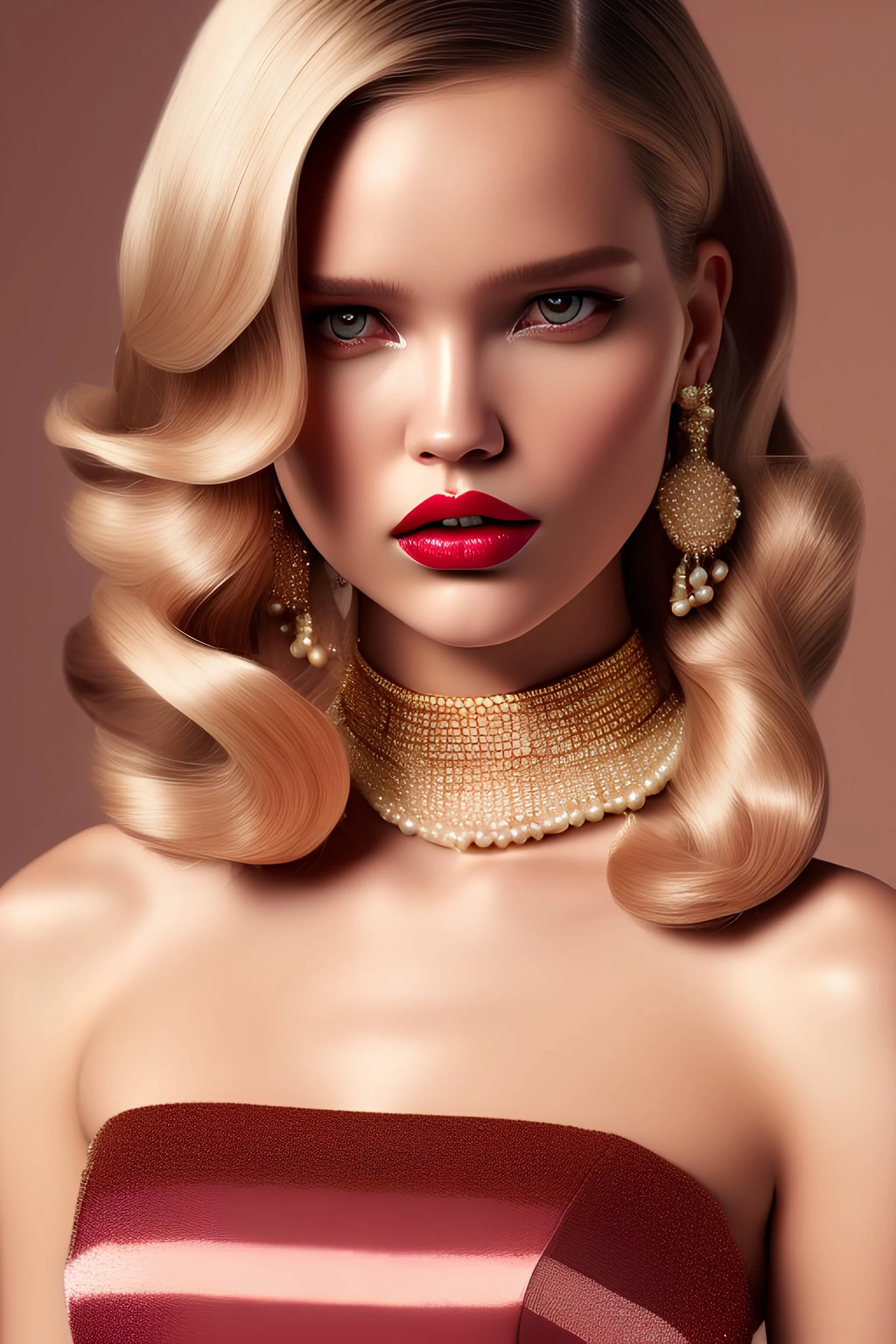 beautiful Sasha Luss with pearls and brown and red color silk dress on stripes, with glossy lipstik on her lips,wearing pearls mask, long curly blonde hair, pink background, Photorealistic dramatic hyperrealistic criyng clown paint ,Crystal black eyes,Photorealistic dramatic by WLOP, Artgerm, Greg Rutkowski, Beautiful dynamic,shadows,Artstation,concept design art, Octane render,8K