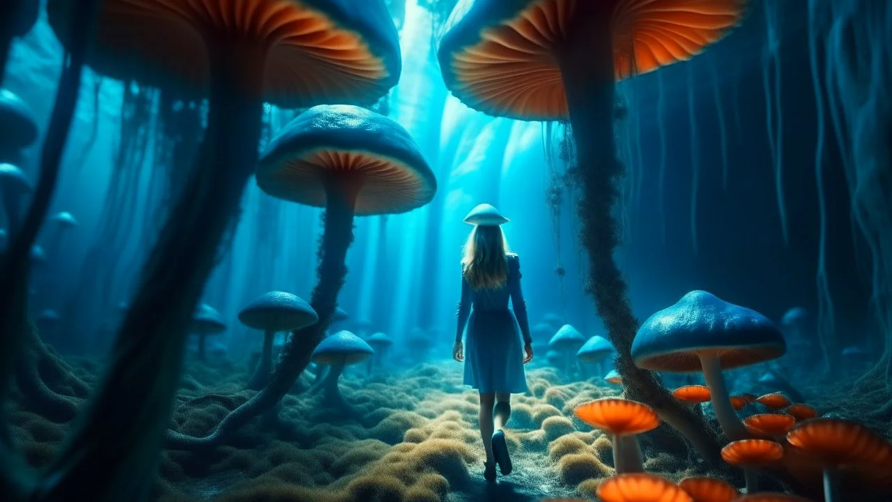 woman walking through Alien mushrooms with jellyfish tentacles, floating through an alien forest, in a huge cave, floor covered in mushrooms, photorealistic, Deep Colour, Intricate Detail, sunshine, blue sky