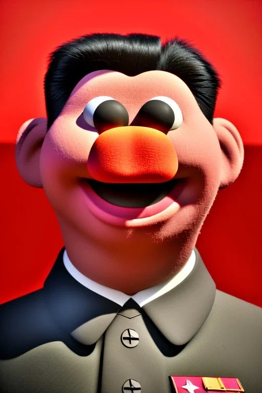 Waist up muppet Portrait, Kim Jong-un muppet doll, black suit, photo studio, red background, unreal engine 5, concept art, art station, god lights, ray tracing, RTX, lumen lighting, ultra detail, volumetric lighting, 3d.