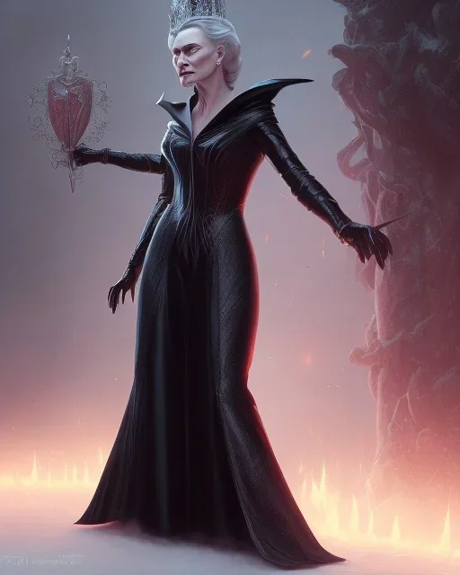 old evil queen in black leather gown, femme fatale, volouptous, busty, cleavage, angry, emperious, 8k resolution concept art portrait by Greg Rutkowski,