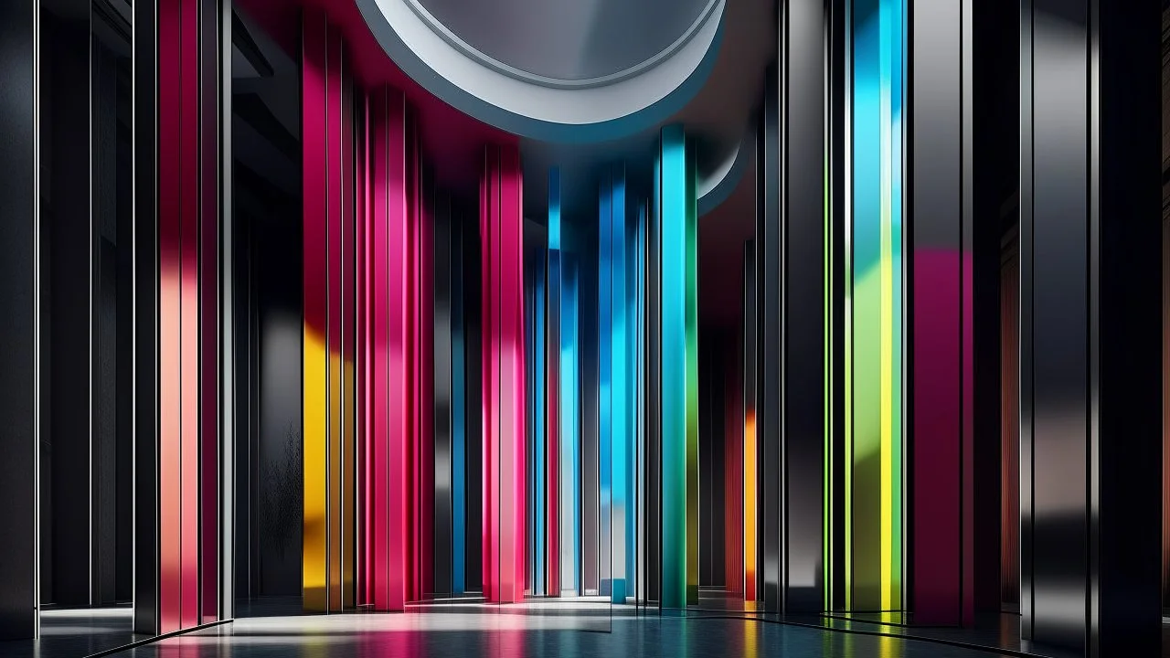 Una estructura utópica formada por volúmenes puros y perspectivas limpias, donde el color funciona como símbolo y la luz como idea; la escena transmite serenidad monumental y una extrañeza elegante propia de una arquitectura mental más que física.