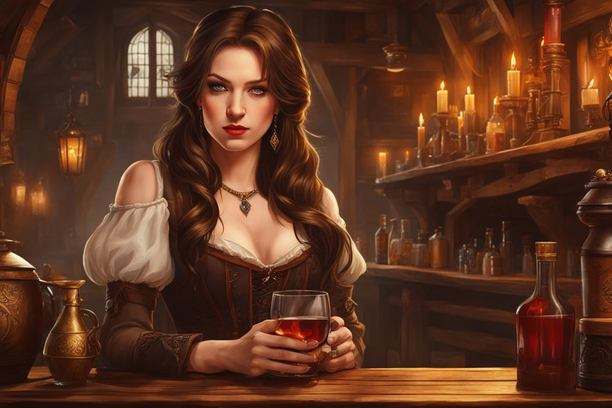 A young woman with pale skin and long brown hair in a fantasy tavern setting with intricate details. She is smirking, a tavern wench pouring a glass of whiskey, has intense red eyes, intimidating presence. High definition.