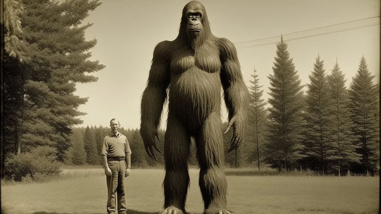 Ultra realistic, vintage photo, detailed features, 10 foot tall Big Foot standing with rural American farmers