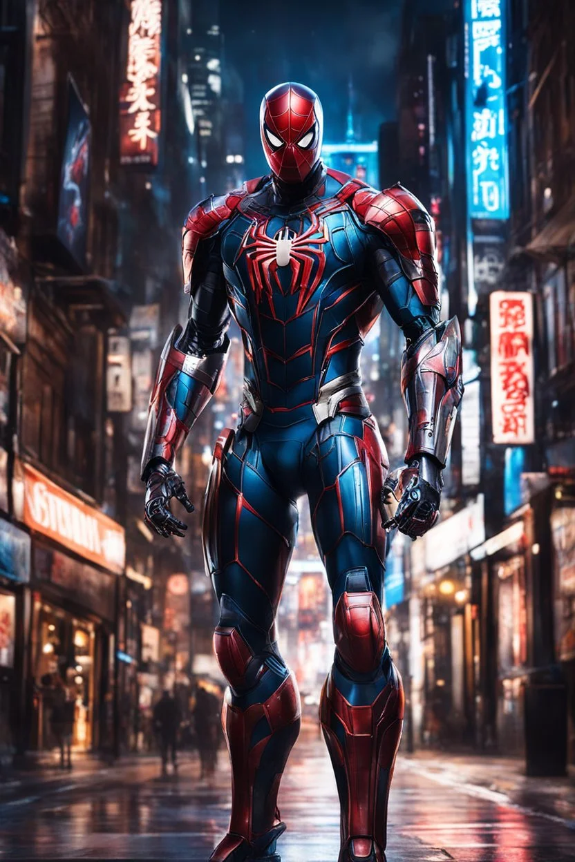 Photography Full body robot cyborgs mechanical electrical realistic spiderman hyper detailed,background night city street