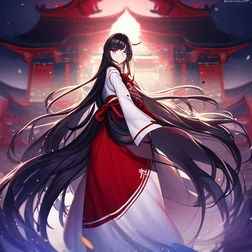 Clear focus,High resolution,8k, Beatiful Lighting, black long fluffy hair, long fluffy bangs, purple eyes, wearing a miko outfit